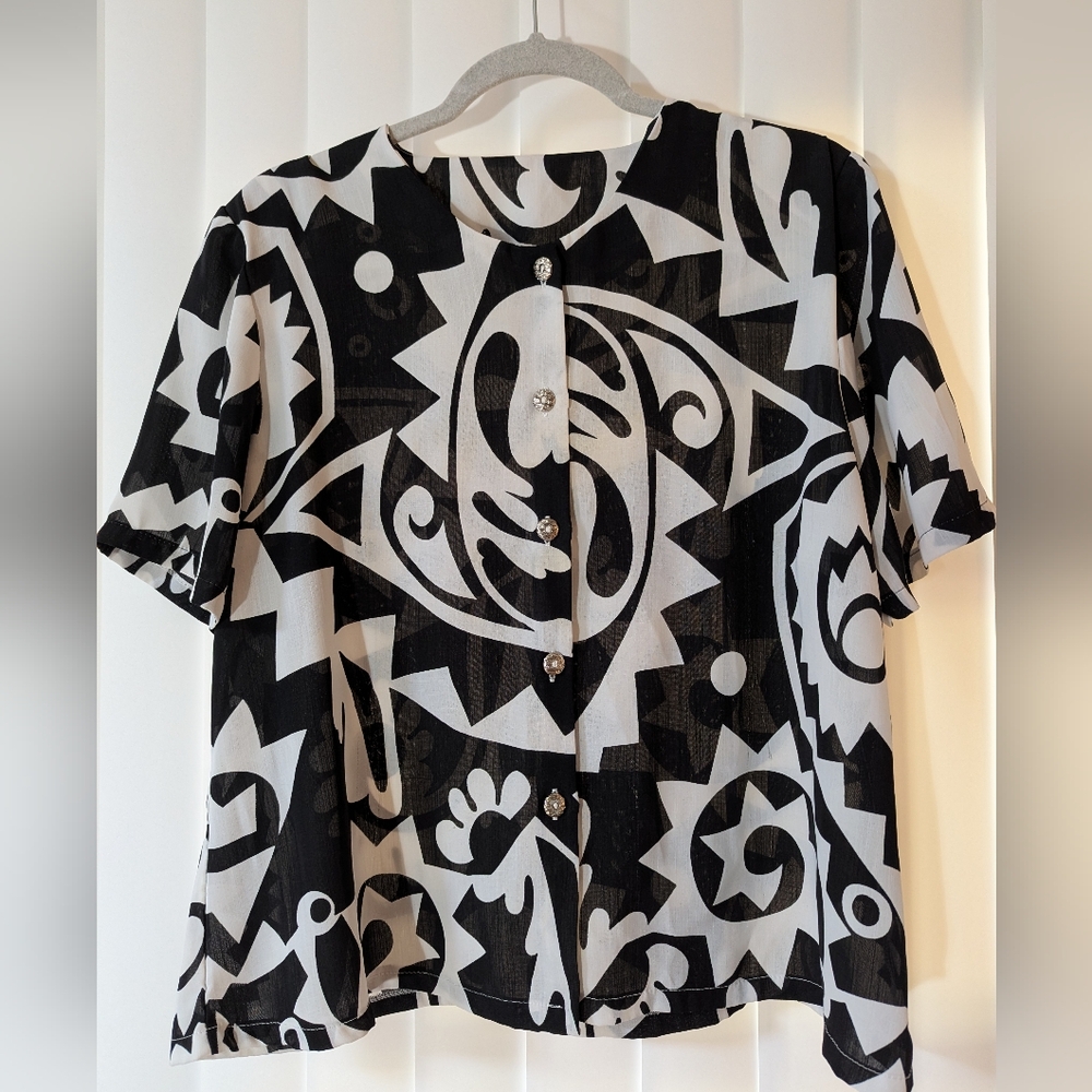 A320, Monochrome Geometric Button-Up Blouse Made In Korea